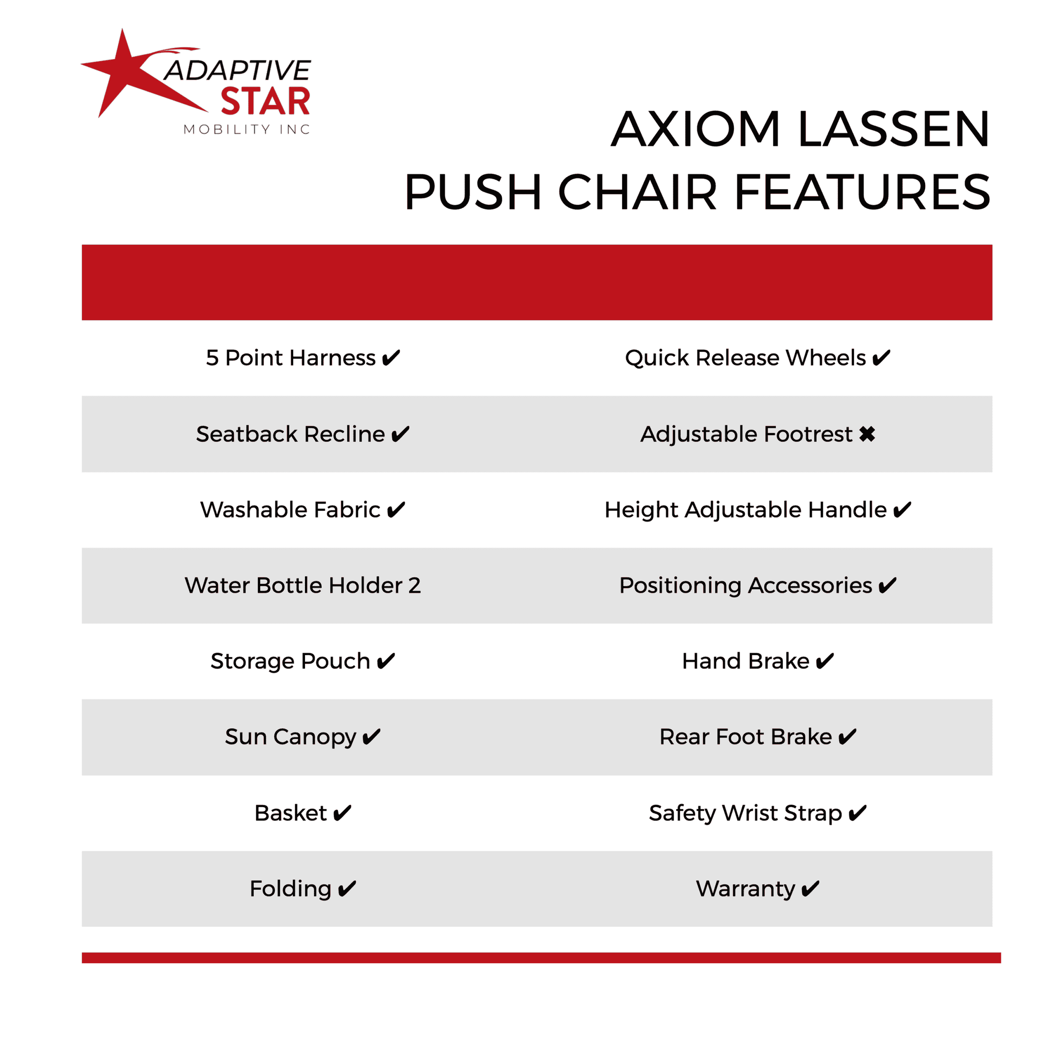 Adaptive Star Axiom LASSEN 3 Indoor/Outdoor Mobility Push Chair, Red