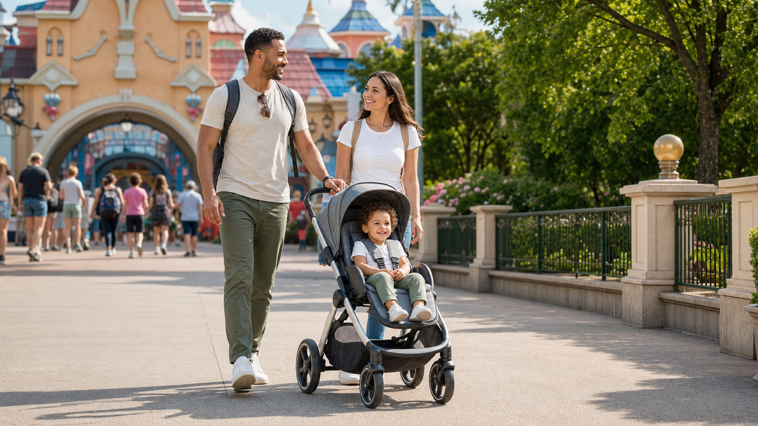 Family walking with a stroller near a theme park entrance for a Disney and travel stroller buying guide