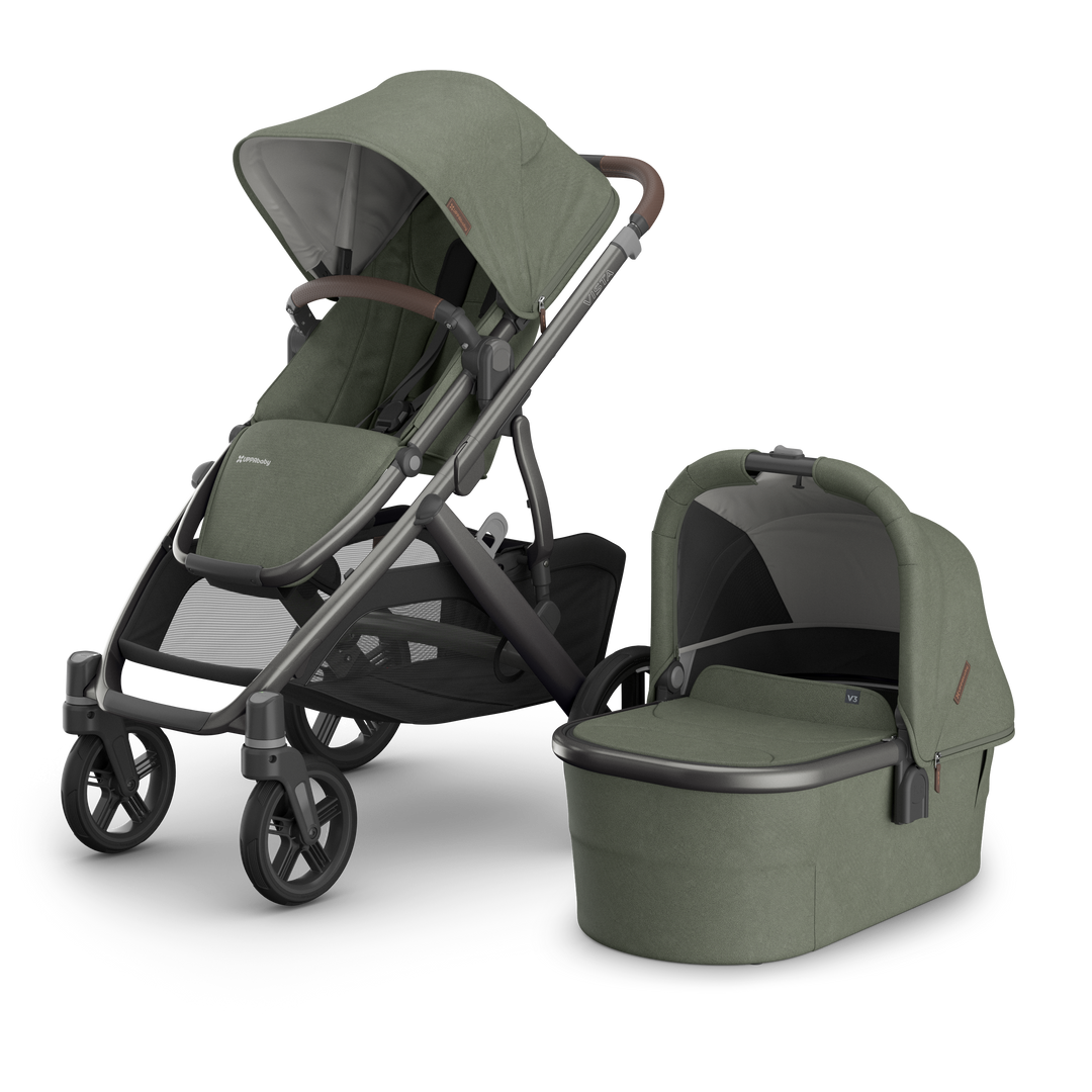UPPAbaby Vista V3 Stroller + Bassinet V3 Bundle - Evelyn (Meadow Green / Graphite Frame / Chestnut Leather) 