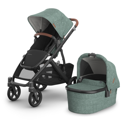 UPPAbaby Vista V3 Stroller + Bassinet V3 Bundle - Gwen (Green Melange / Carbon Frame / Saddle Leather)