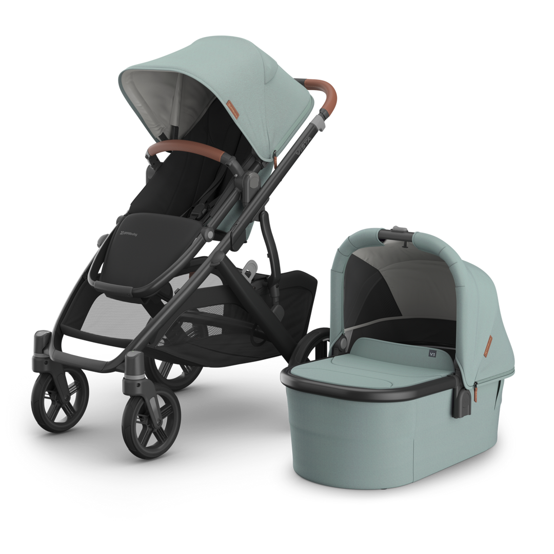 UPPAbaby Vista V3 Stroller + Bassinet V3 Bundle - Kenzi (Mystic Aqua / Carbon Frame / Saddle Leather) 