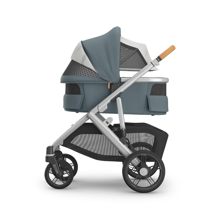 UPPAbaby Vista V3 Travel System Bundle (Stroller/Bassinet/Mesa V3) - Callum (Stone Blue / Silver Frame / Sand Leather)