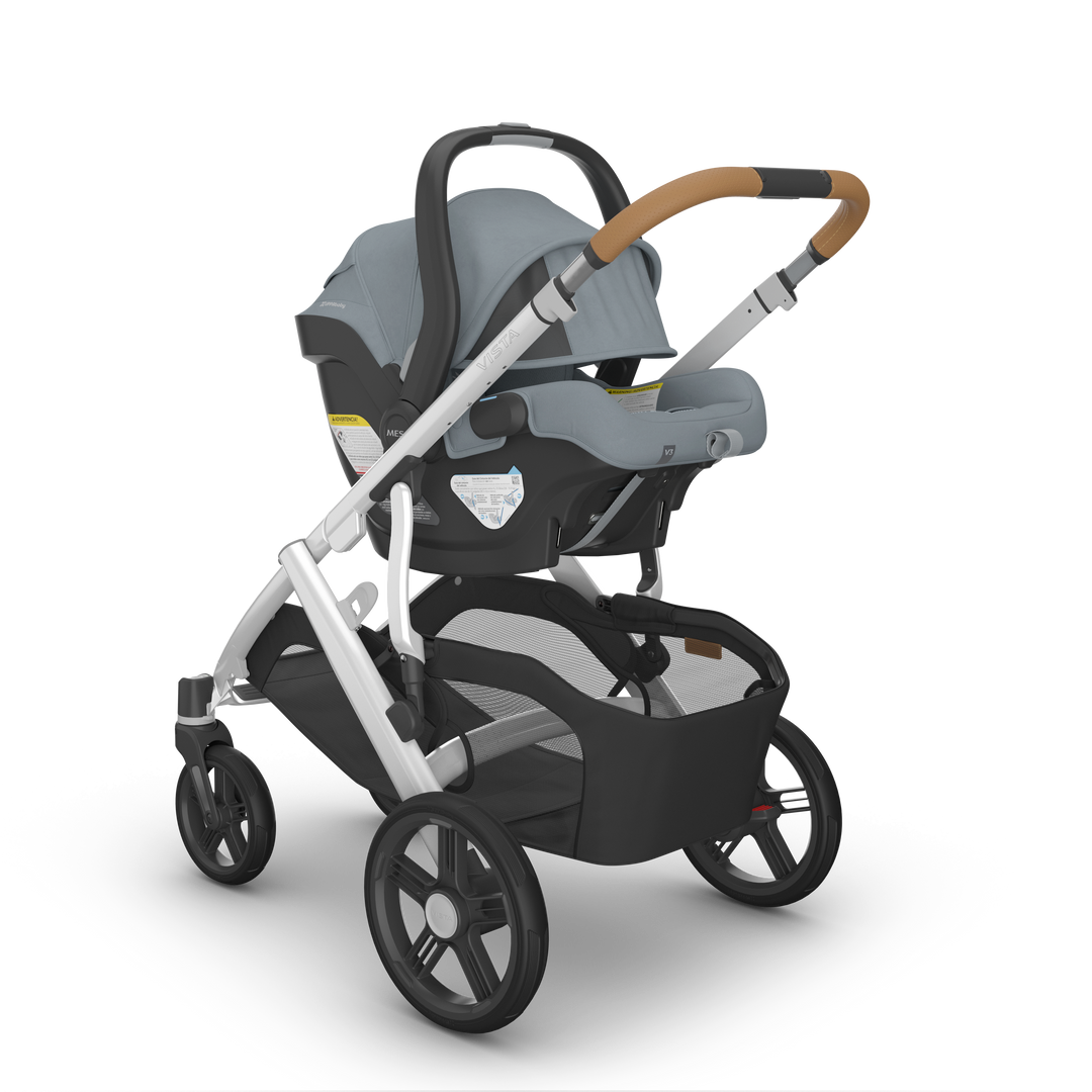 UPPAbaby Vista V3 Travel System Bundle (Stroller/Bassinet/Mesa V3) - Callum (Stone Blue / Silver Frame / Sand Leather)