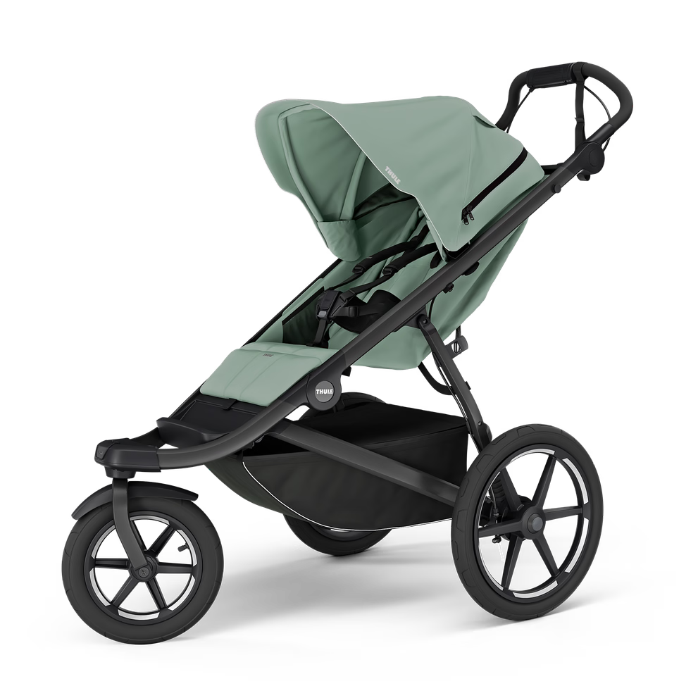 Thule Urban Glide 3 magnetic buckle stroller - Mist Green on Black - front view