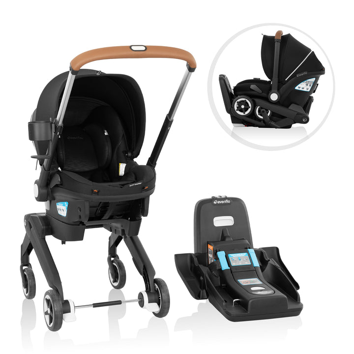 Evenflo Shyft DualRide Onyx infant car seat stroller combo and included vehicle base