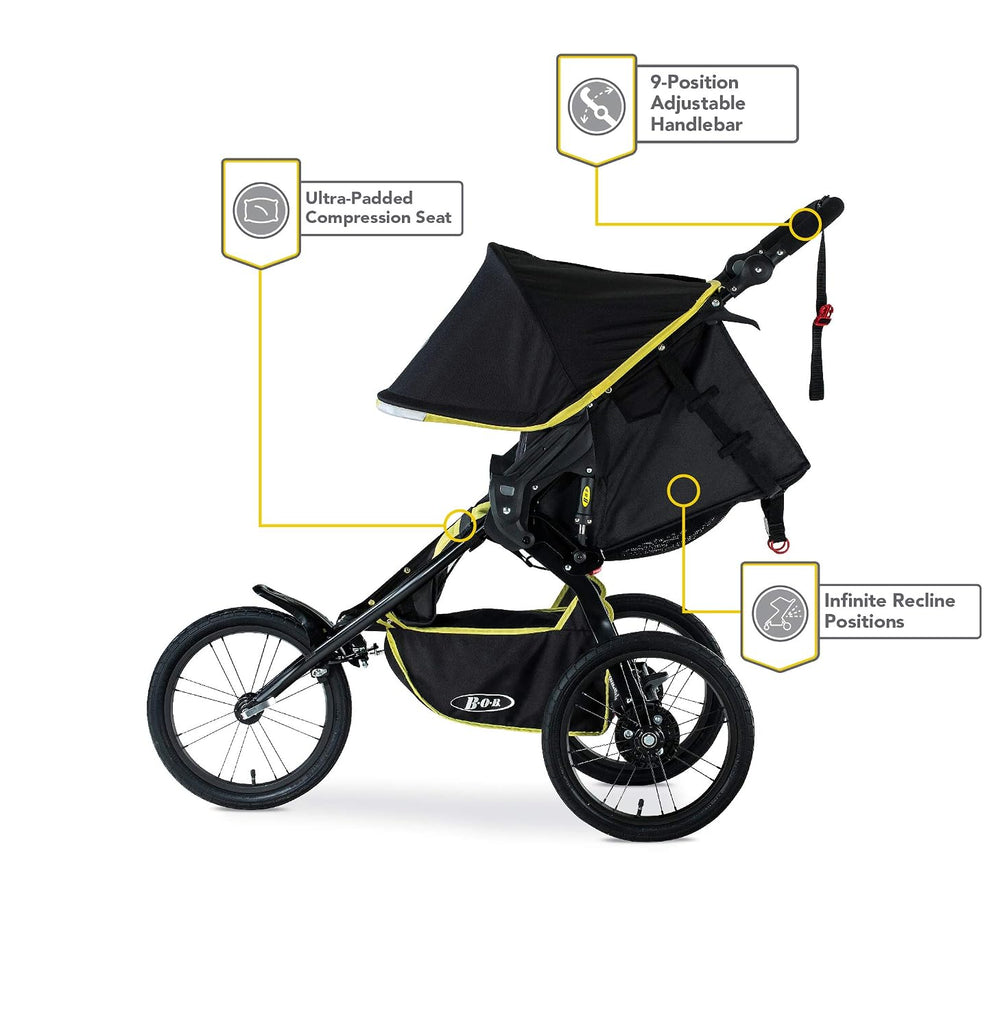 BOB Blaze Citron side view showing padded seat, recline and adjustable handlebar