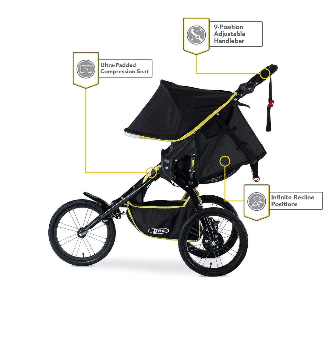 BOB Blaze Citron side view showing padded seat, recline and adjustable handlebar
