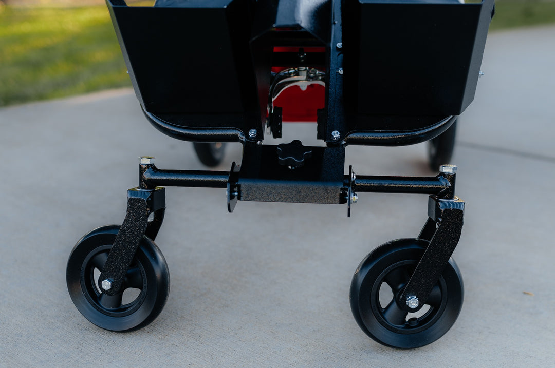 Close-up of the Endeavour axis kit wheels, crossbar, and central mounting knob