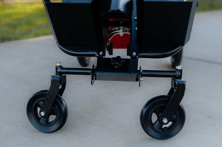 Close-up of the Endeavour axis kit wheels, crossbar, and central mounting knob