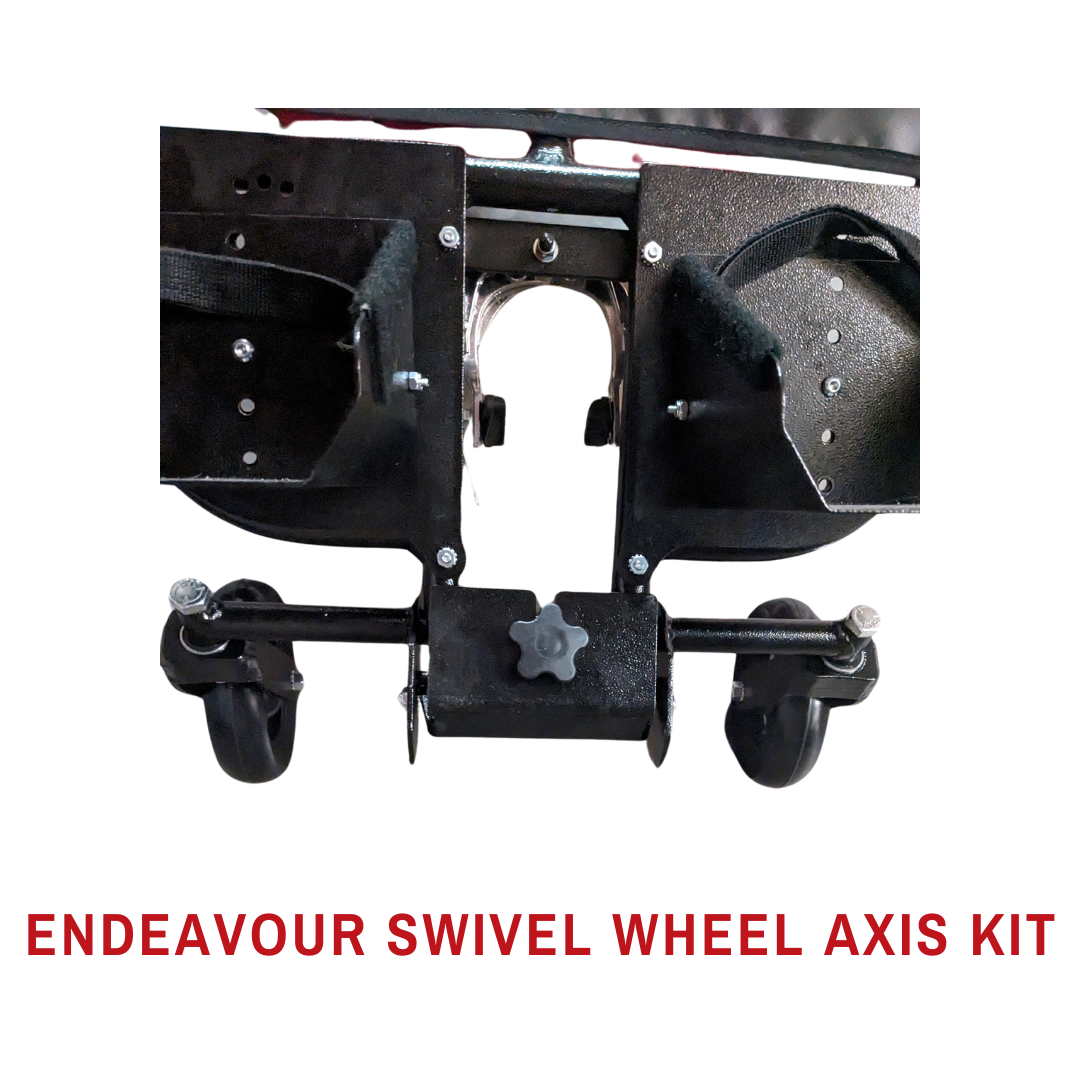 Labeled Endeavour Swivel Wheel Axis Kit image showing the installed wheel and mounting assembly