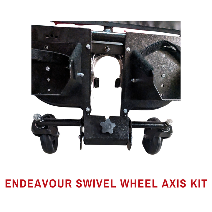 Labeled Endeavour Swivel Wheel Axis Kit image showing the installed wheel and mounting assembly