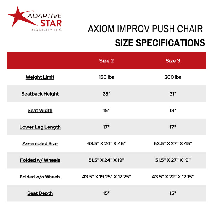 Adaptive Star Axiom IMPROV 2 Mobility Push Chair - Navy size chart 