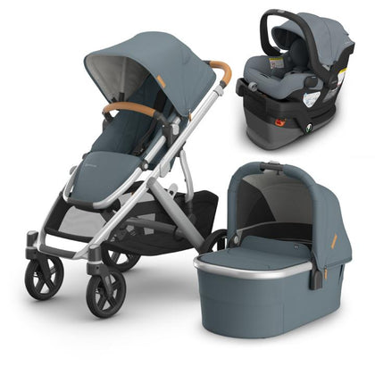 UPPAbaby Vista V3 Travel System Bundle (Stroller/Bassinet/Mesa V3) - Callum (Stone Blue / Silver Frame / Sand Leather)