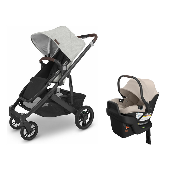 UPPAbaby Cruz V2 in Anthony with Aria V2 infant car seat in Ada mounted on its included base