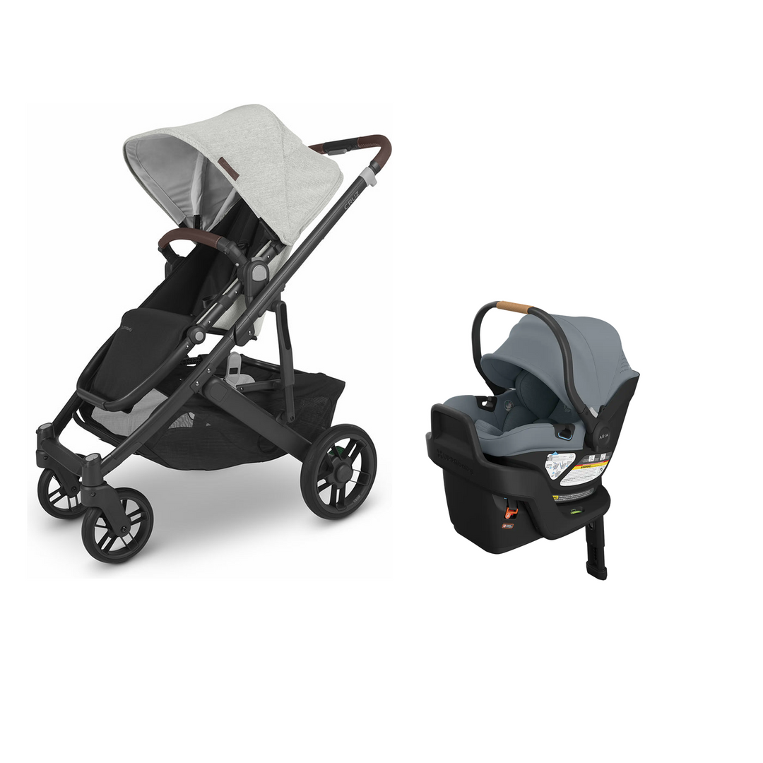 UPPAbaby Cruz V2 in Anthony with Aria V2 infant car seat in Callum mounted on its included base