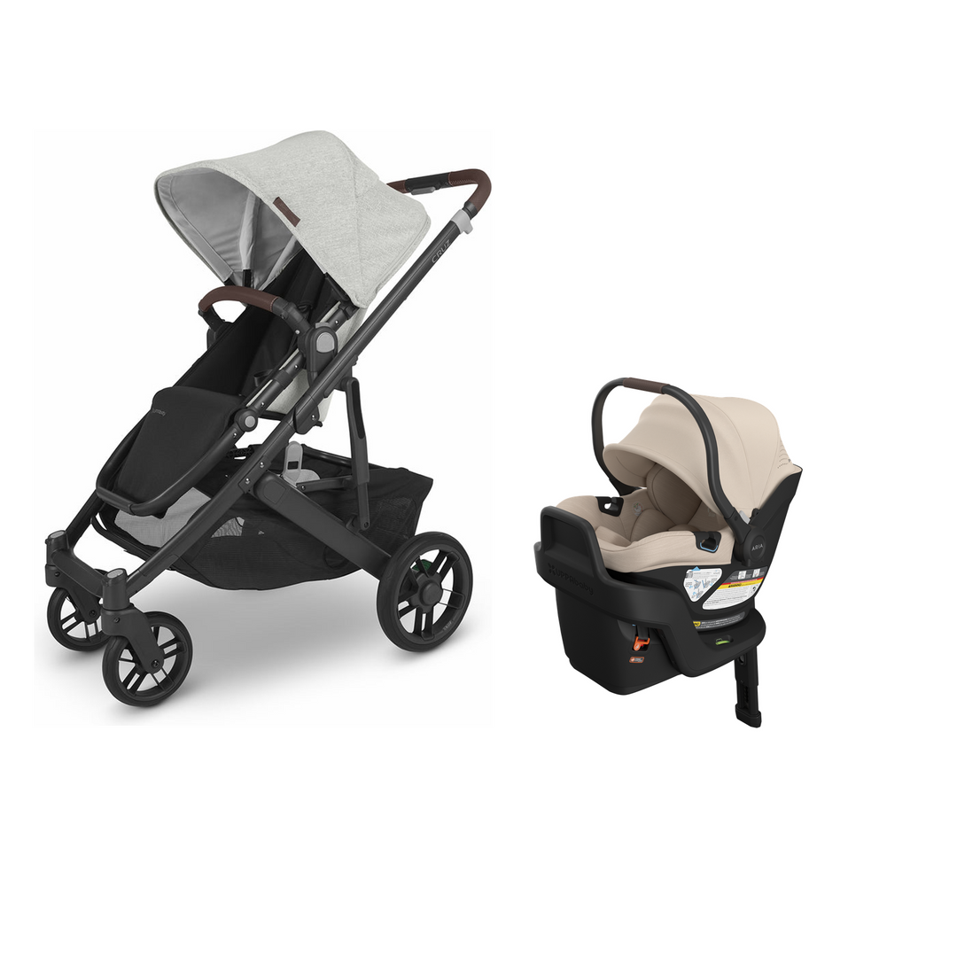 UPPAbaby Cruz V2 in Anthony with Aria V2 infant car seat in Declan mounted on its included base