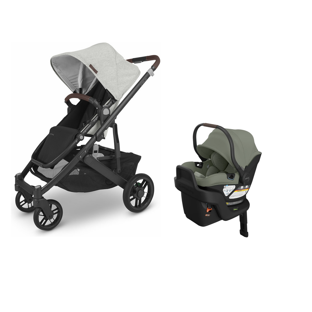 UPPAbaby Cruz V2 in Anthony with Aria V2 infant car seat in Evelyn mounted on its included base