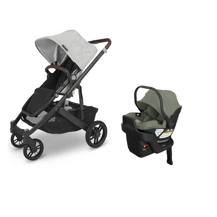 UPPAbaby Cruz V2 in Anthony with Aria V2 infant car seat in Evelyn mounted on its included base