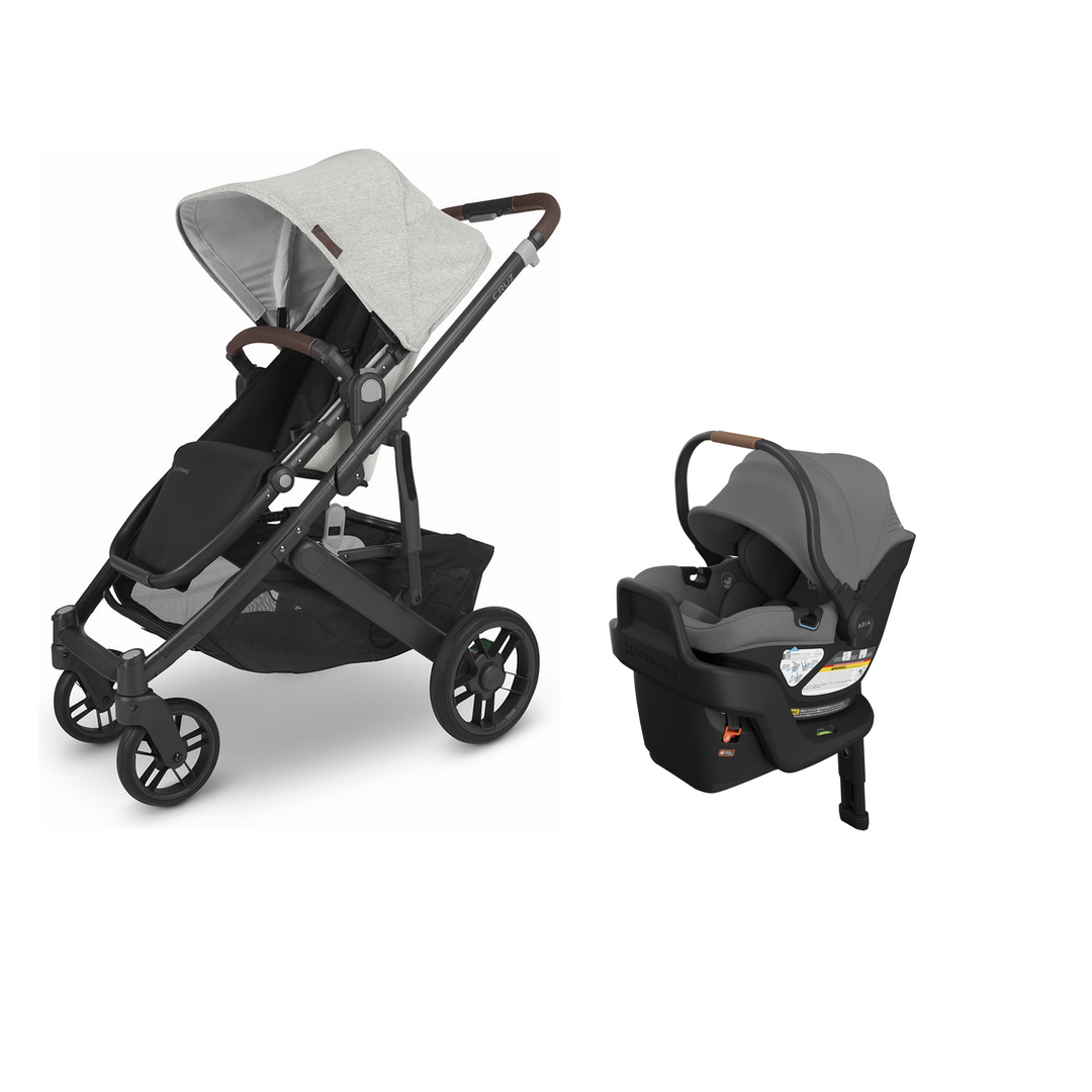 UPPAbaby Cruz V2 in Anthony with Aria V2 infant car seat in Greyson mounted on its included base