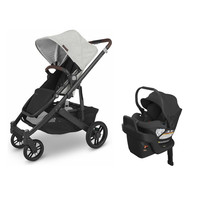 UPPAbaby Cruz V2 in Anthony with Aria V2 infant car seat in Jake mounted on its included base