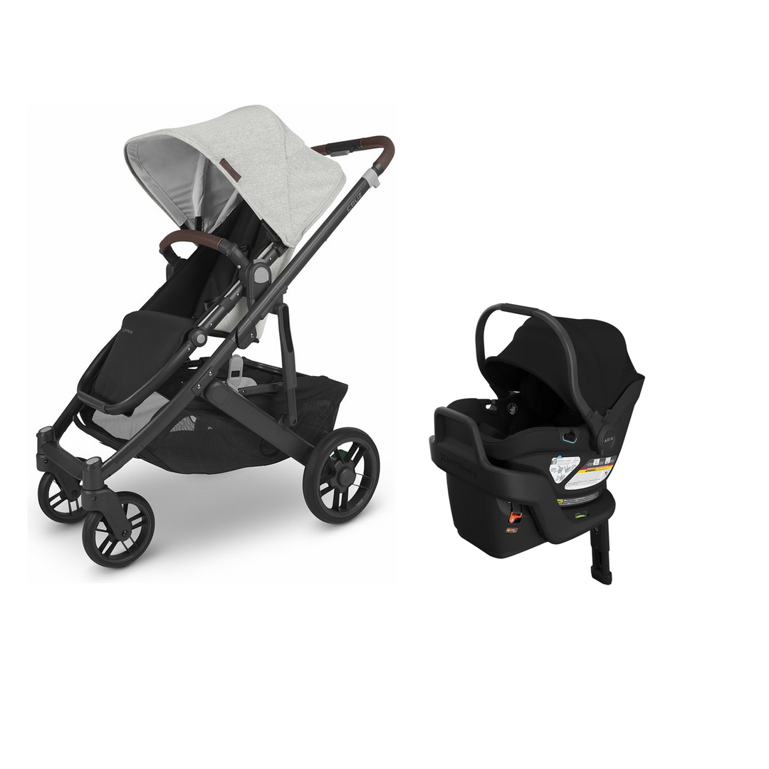 UPPAbaby Cruz V2 in Anthony with Aria V2 infant car seat in James mounted on its included base