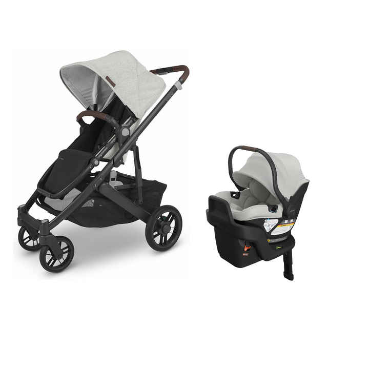 UPPAbaby Cruz V2 in Anthony with Aria V2 infant car seat in Savannah mounted on its included base