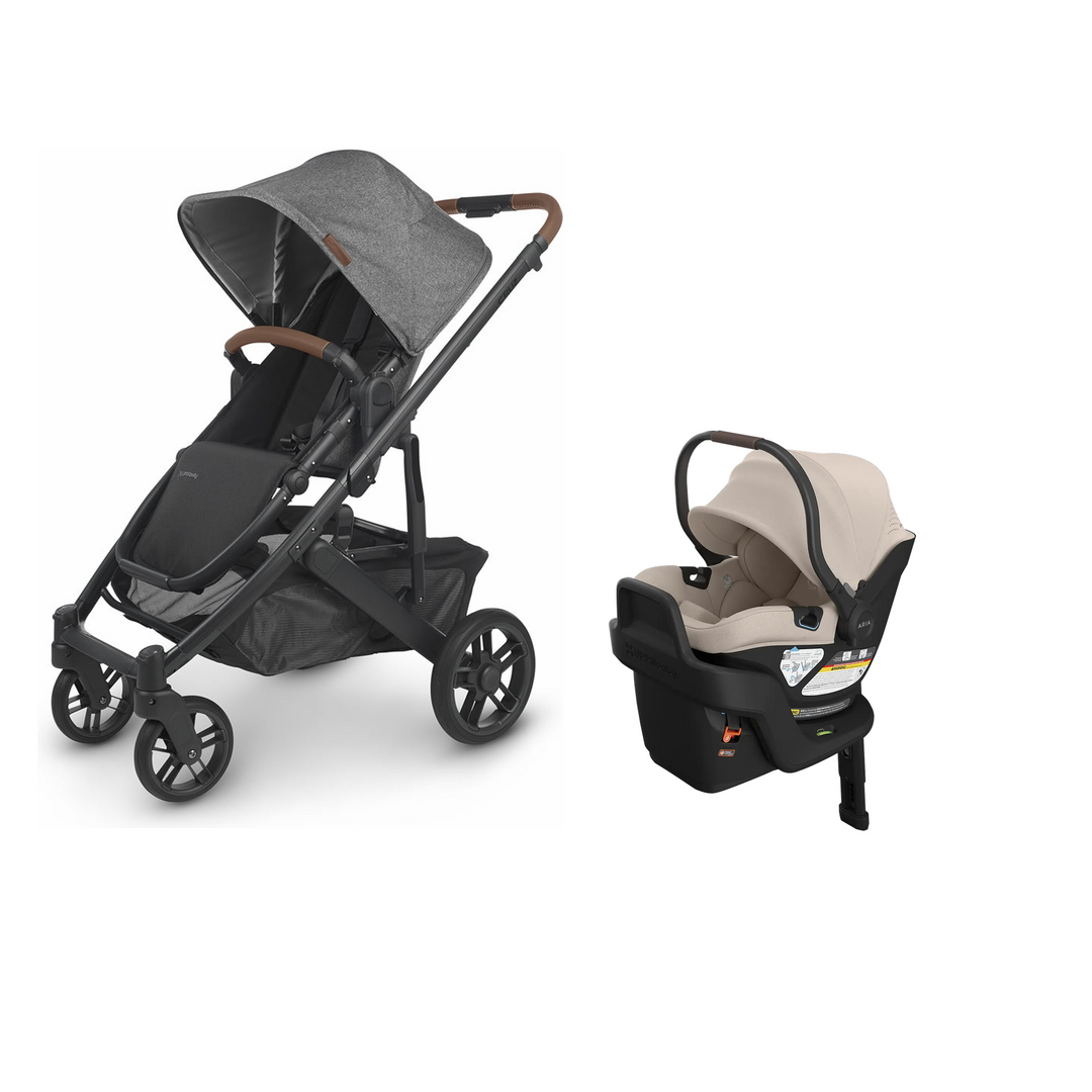 UPPAbaby Cruz V2 in Greyson with Aria V2 infant car seat in Ada mounted on its included base