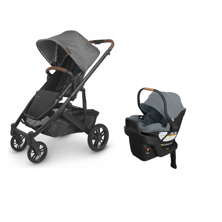 UPPAbaby Cruz V2 in Greyson with Aria V2 infant car seat in Callum mounted on its included base