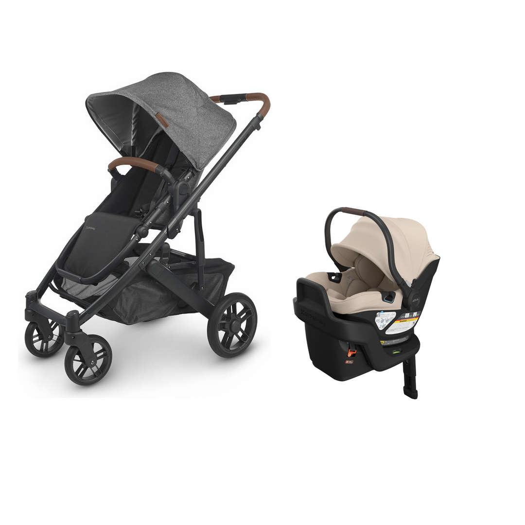 UPPAbaby Cruz V2 in Greyson with Aria V2 infant car seat in Declan mounted on its included base