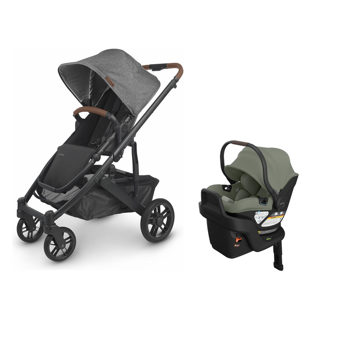 UPPAbaby Cruz V2 in Greyson with Aria V2 infant car seat in Evelyn mounted on its included base