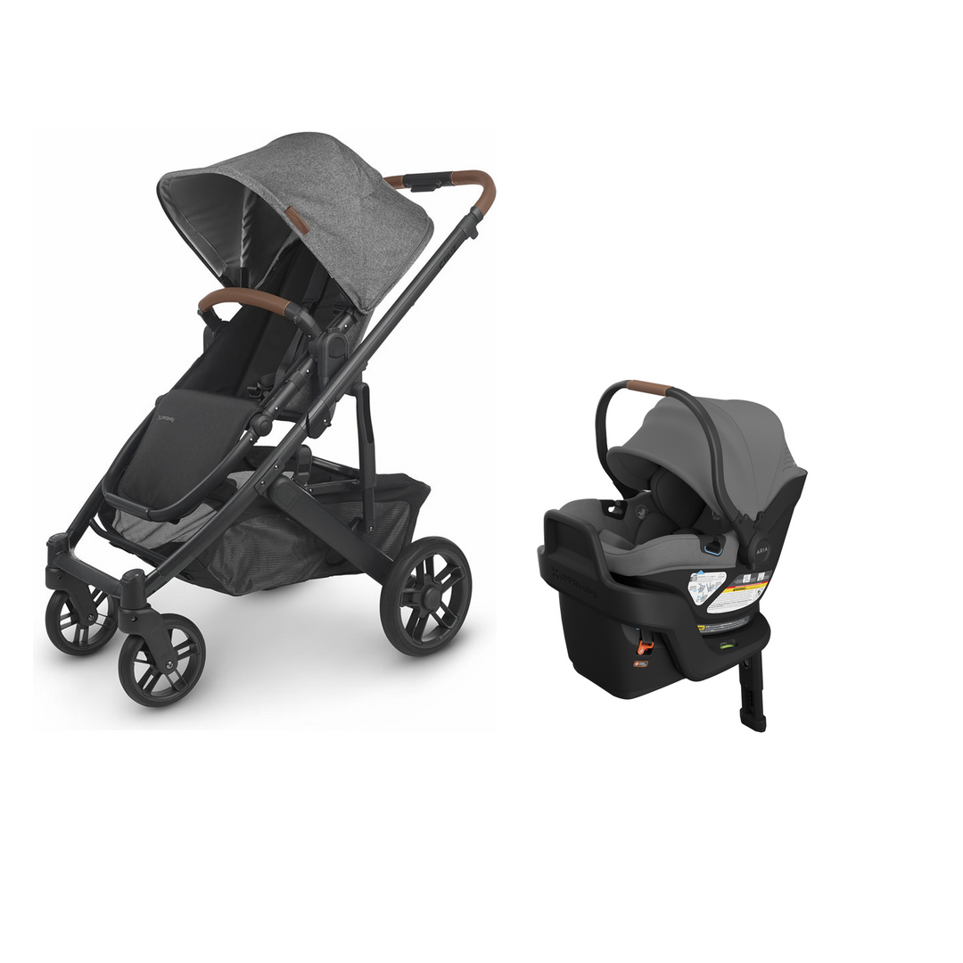 UPPAbaby Cruz V2 in Greyson with Aria V2 infant car seat in Greyson mounted on its included base