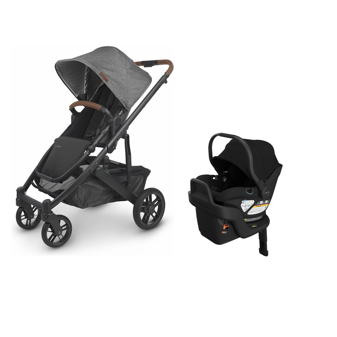 UPPAbaby Cruz V2 in Greyson with Aria V2 infant car seat in James mounted on its included base