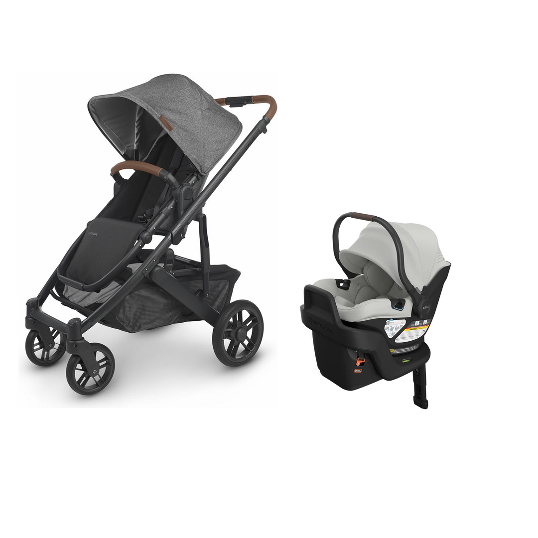 UPPAbaby Cruz V2 in Greyson with Aria V2 infant car seat in Savannah mounted on its included base