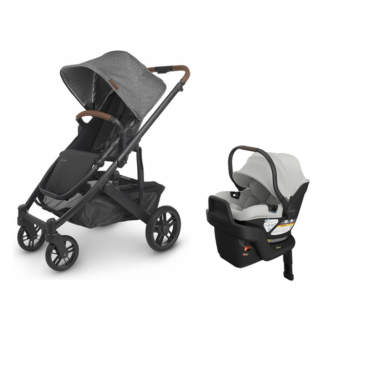 UPPAbaby Cruz V2 in Greyson with Aria V2 infant car seat in Savannah mounted on its included base