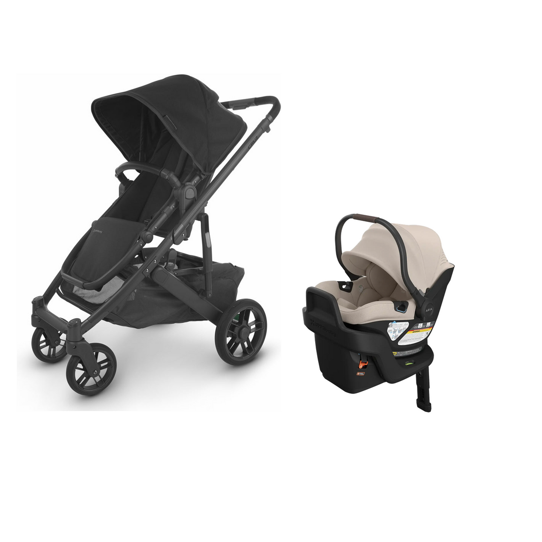 UPPAbaby Cruz V2 in Jake with Aria V2 infant car seat in Ada mounted on its included base
