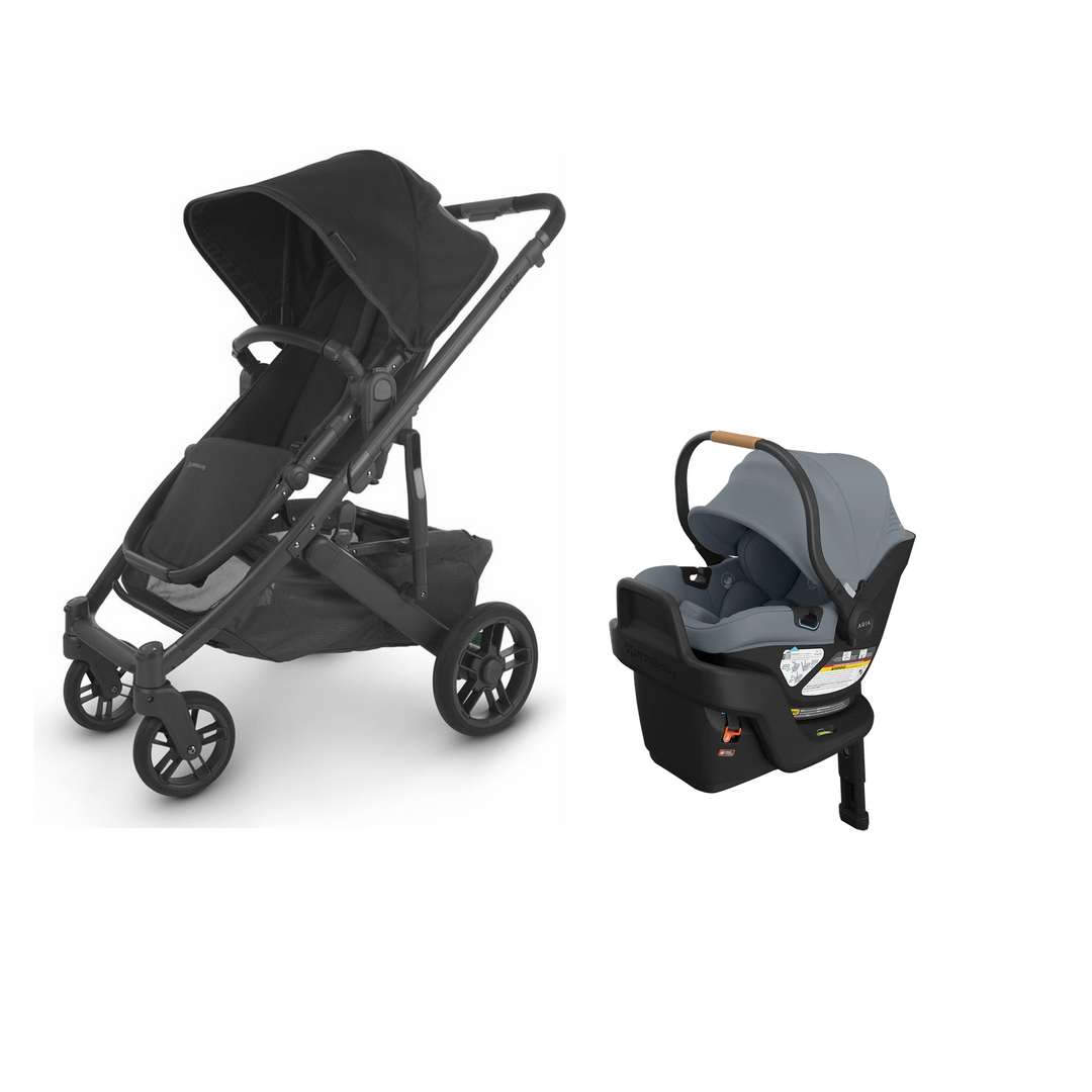 UPPAbaby Cruz V2 in Jake with Aria V2 infant car seat in Callum mounted on its included base
