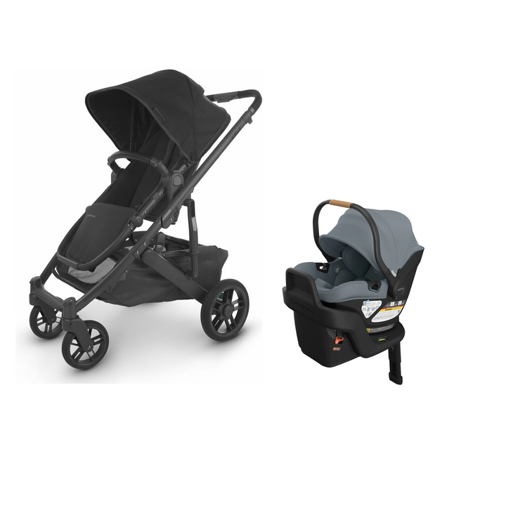 UPPAbaby Cruz V2 in Jake with Aria V2 infant car seat in Callum mounted on its included base