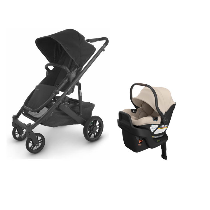 UPPAbaby Cruz V2 in Jake with Aria V2 infant car seat in Declan mounted on its included base