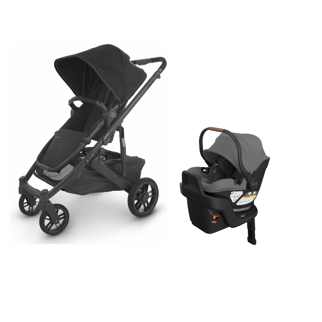UPPAbaby Cruz V2 in Jake with Aria V2 infant car seat in Greyson mounted on its included base