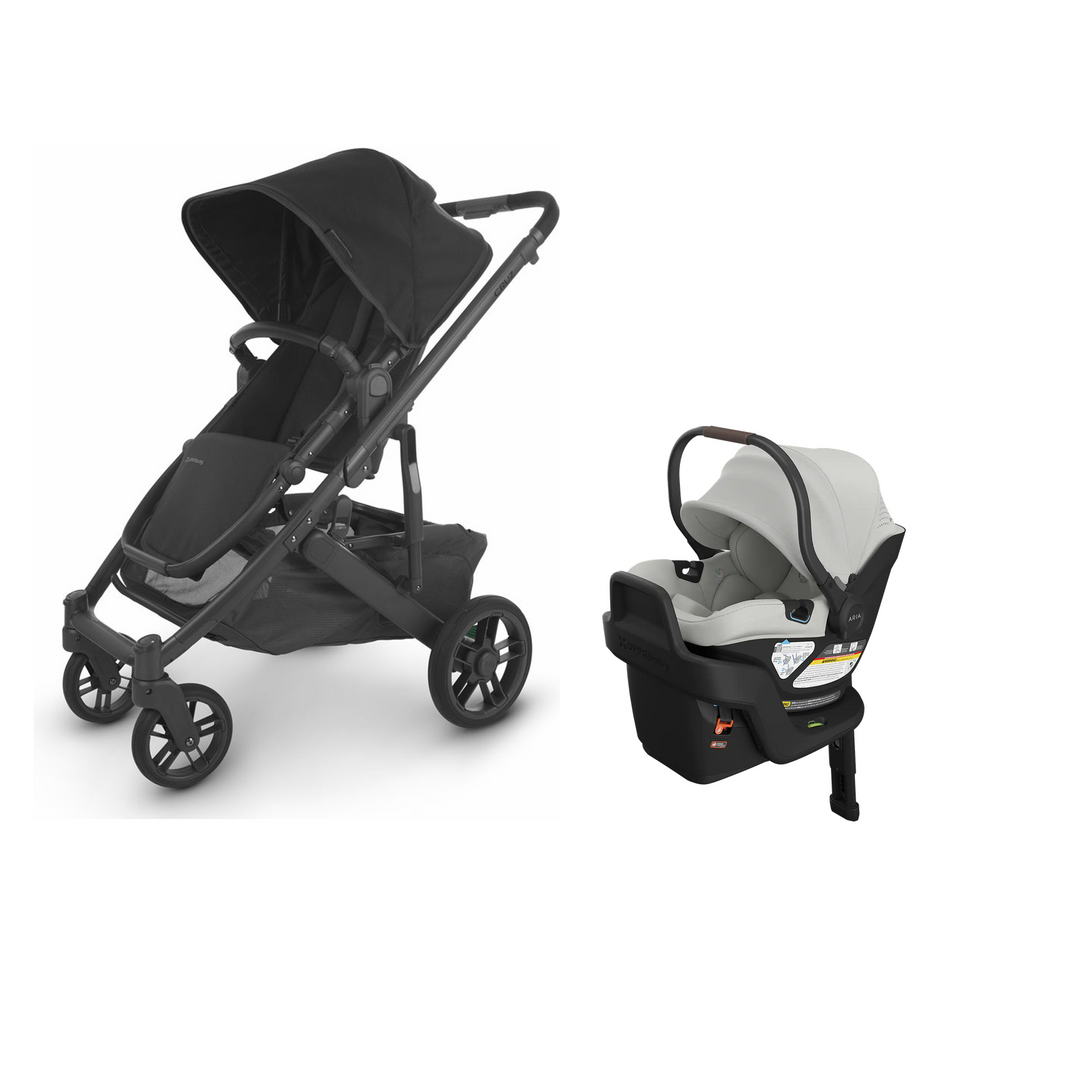 UPPAbaby Cruz V2 in Jake with Aria V2 infant car seat in Savannah mounted on its included base
