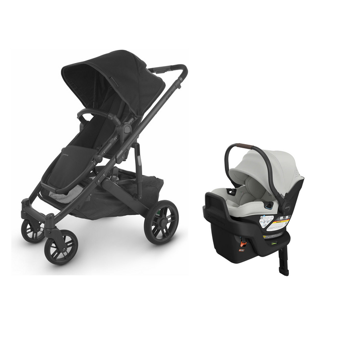 UPPAbaby Cruz V2 in Jake with Aria V2 infant car seat in Savannah mounted on its included base