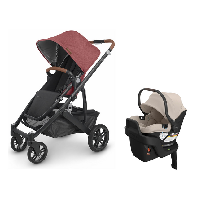 UPPAbaby Cruz V2 in Lucy with Aria V2 infant car seat in Ada mounted on its included base