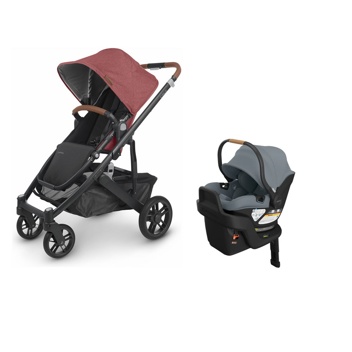 UPPAbaby Cruz V2 in Lucy with Aria V2 infant car seat in Callum mounted on its included base