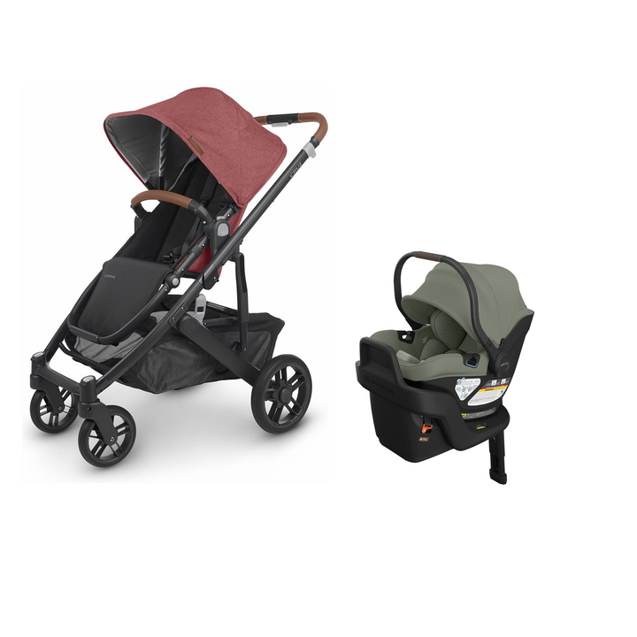 UPPAbaby Cruz V2 in Lucy with Aria V2 infant car seat in Evelyn mounted on its included base