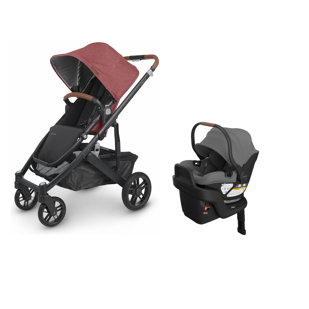 UPPAbaby Cruz V2 in Lucy with Aria V2 infant car seat in Greyson mounted on its included base