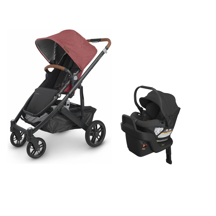 UPPAbaby Cruz V2 in Lucy with Aria V2 infant car seat in Jake mounted on its included base