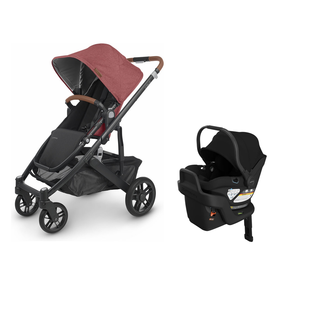 UPPAbaby Cruz V2 in Lucy with Aria V2 infant car seat in James mounted on its included base