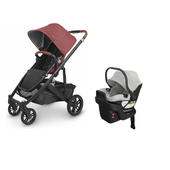 UPPAbaby Cruz V2 in Lucy with Aria V2 infant car seat in Savannah mounted on its included base