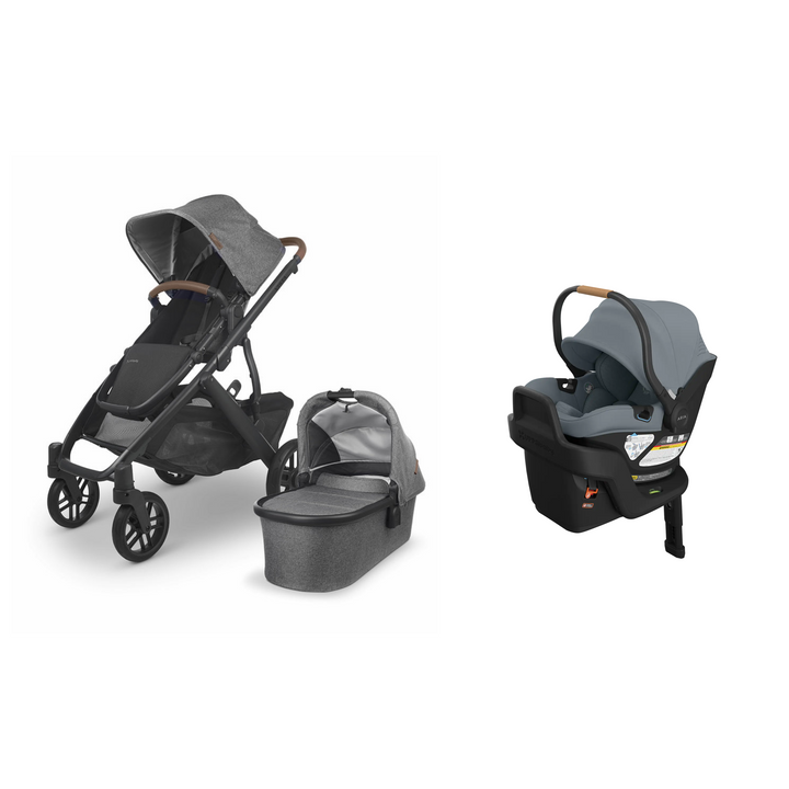 Greyson UPPAbaby Vista V2 stroller with matching Bassinet and Callum Aria V2 infant car seat with base