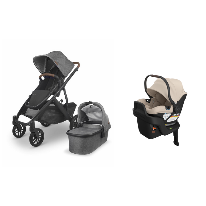 Greyson UPPAbaby Vista V2 stroller with matching Bassinet and Declan Aria V2 infant car seat with base